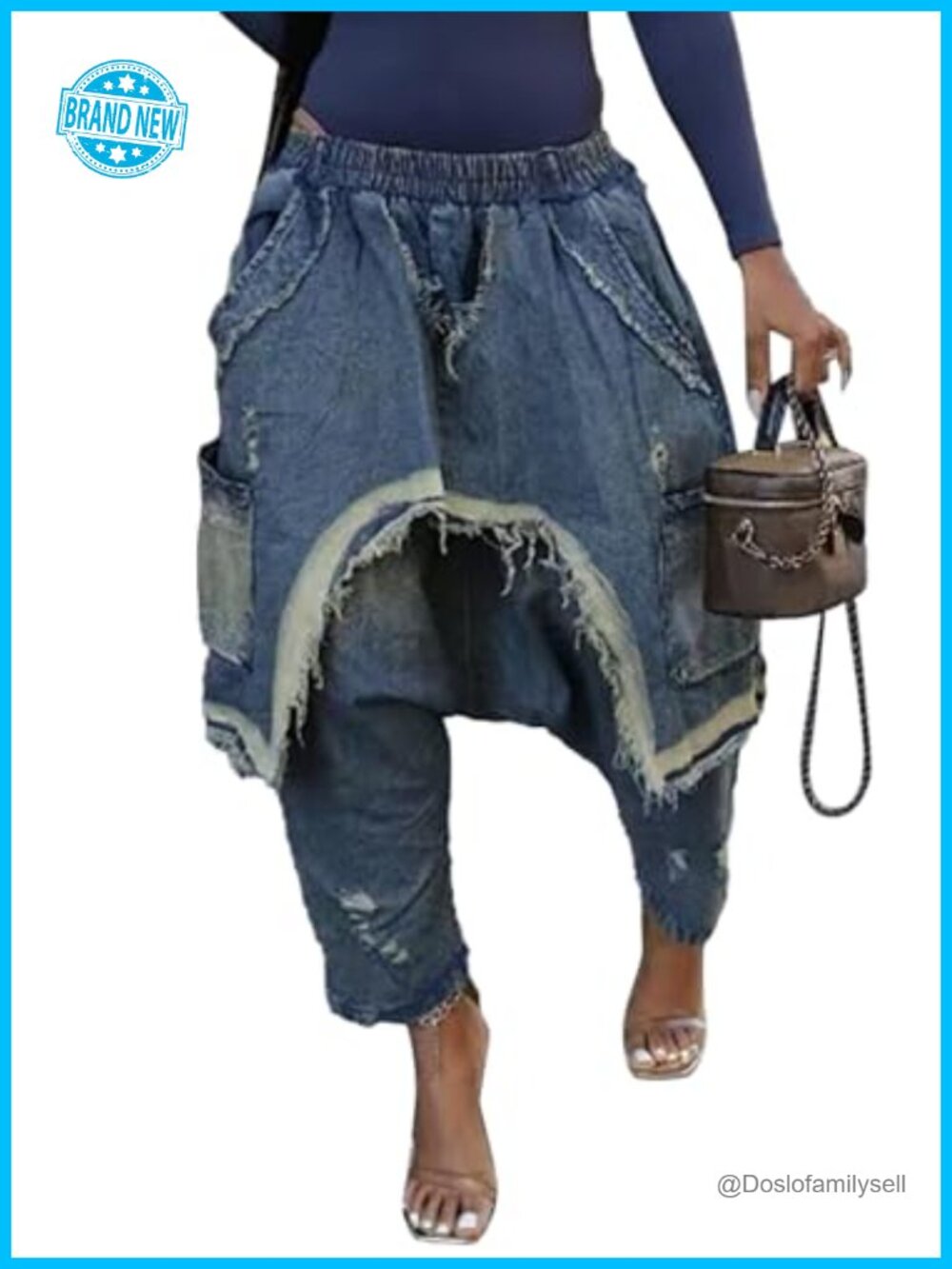 Womens Baggy Harem Jeans Elastic Waist Wide Leg Cropped Denim Jogger Pants